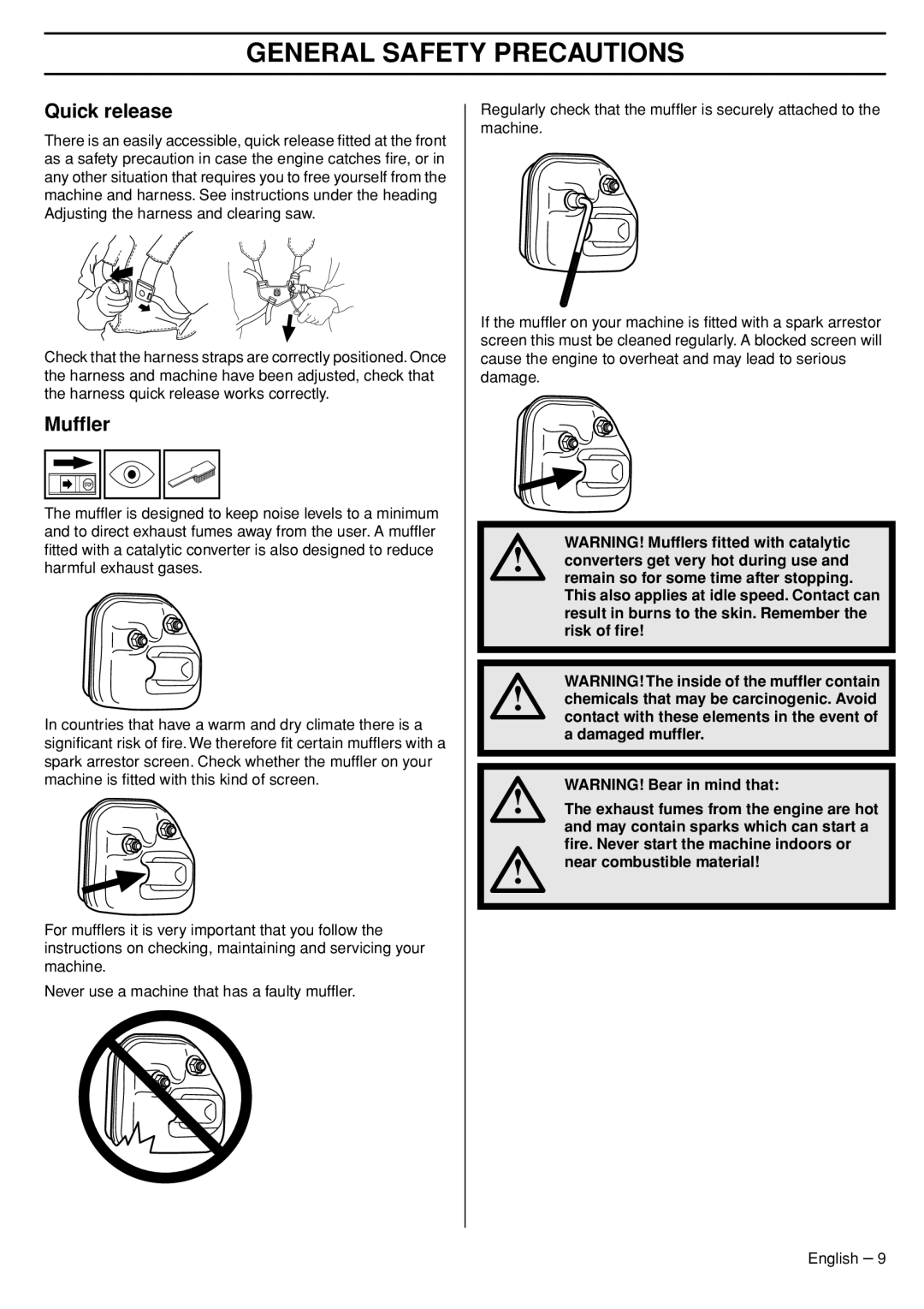 Husqvarna 324RX manual General Safety Precautions, Quick release, Mufﬂer 