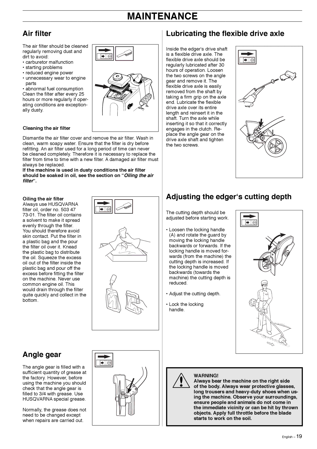 Husqvarna 325EX manual Air ﬁlter, Angle gear, Lubricating the ﬂexible drive axle, Adjusting the edgerʻs cutting depth 