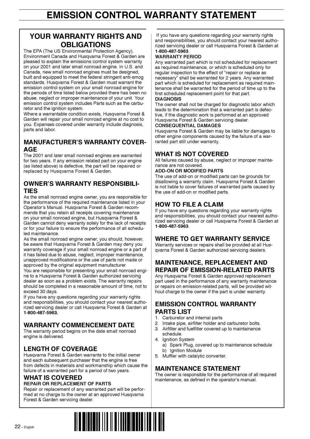 Husqvarna 325EX manual Emission Control Warranty Statement, MANUFACTURERʼS Warranty COVER- AGE 