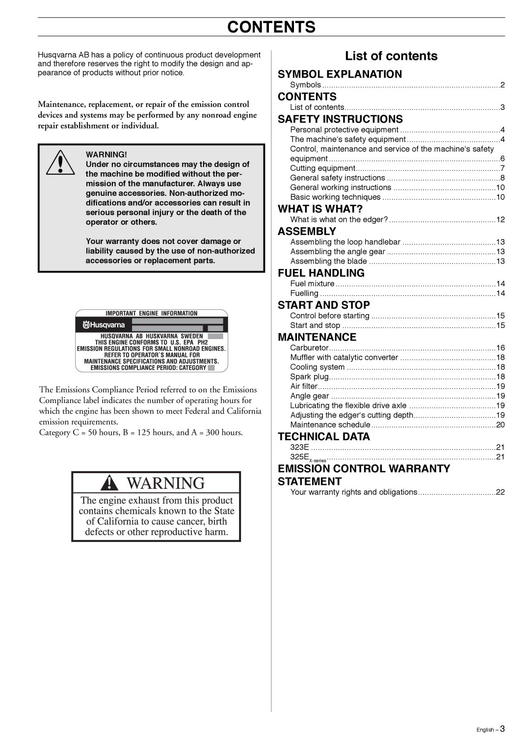 Husqvarna 325EX manual Contents 