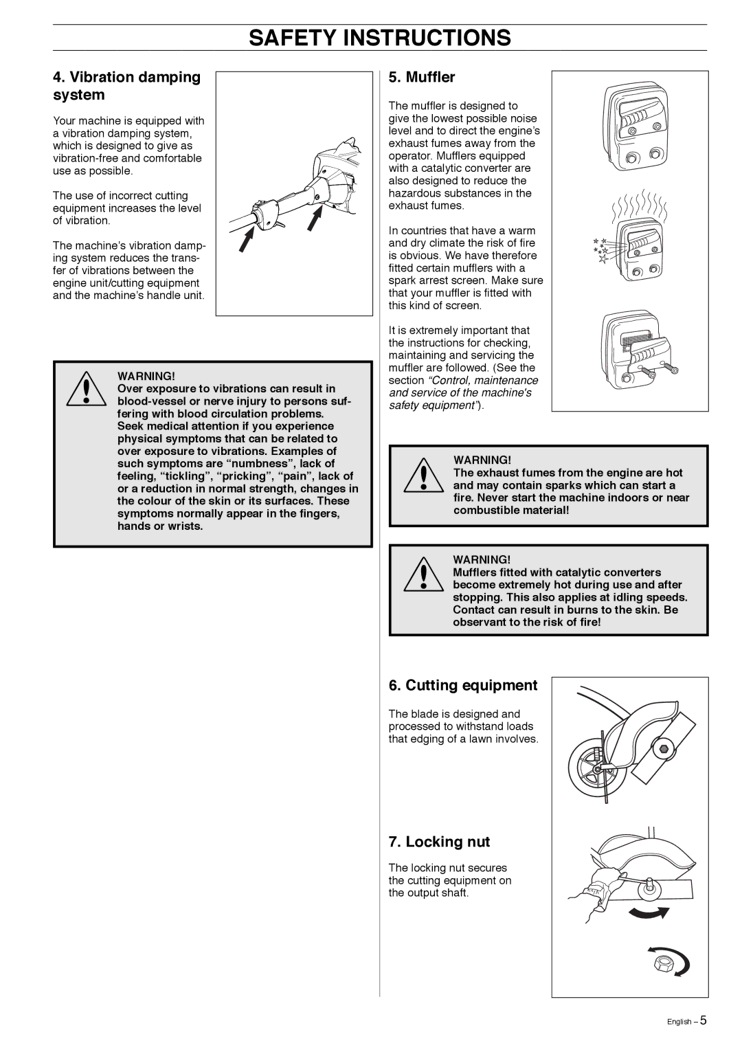 Husqvarna 325EX manual Vibration damping system, Mufﬂer, Cutting equipment, Locking nut 