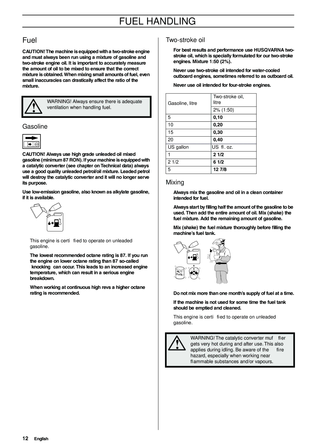 Husqvarna 325HD60, 325HD60X-Series, 325HD75X-Series manual Fuel Handling, Gasoline, Two-stroke oil, Mixing 