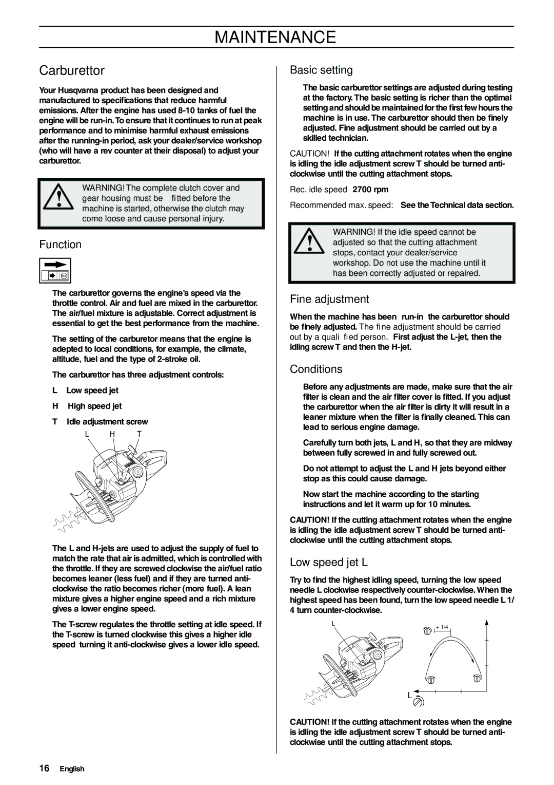 Husqvarna 325HD60, 325HD60X-Series, 325HD75X-Series manual Maintenance, Carburettor 