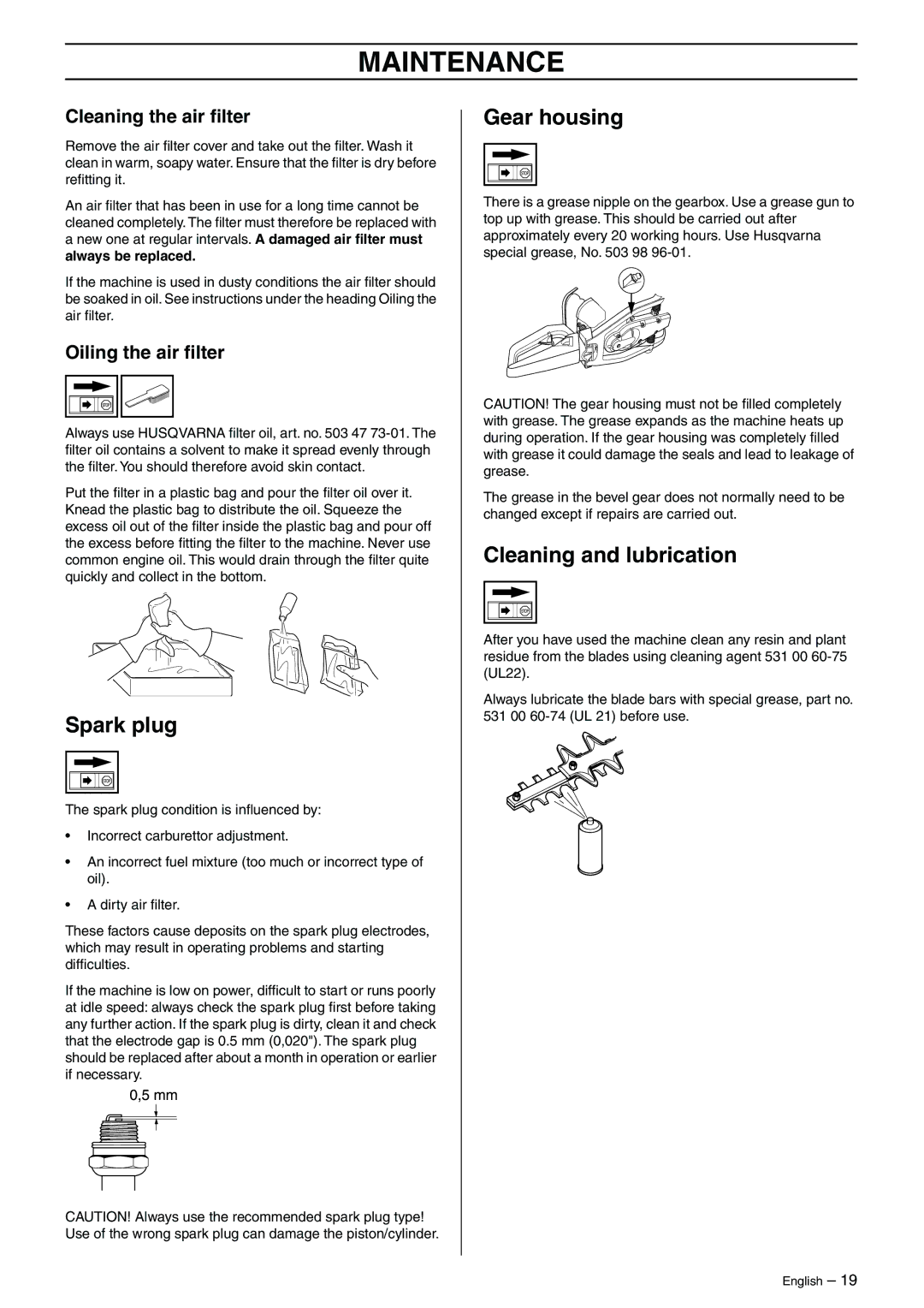 Husqvarna 325HD60, 325HD60X-Series, 325HD75X-Series manual Spark plug, Gear housing, Cleaning and lubrication 