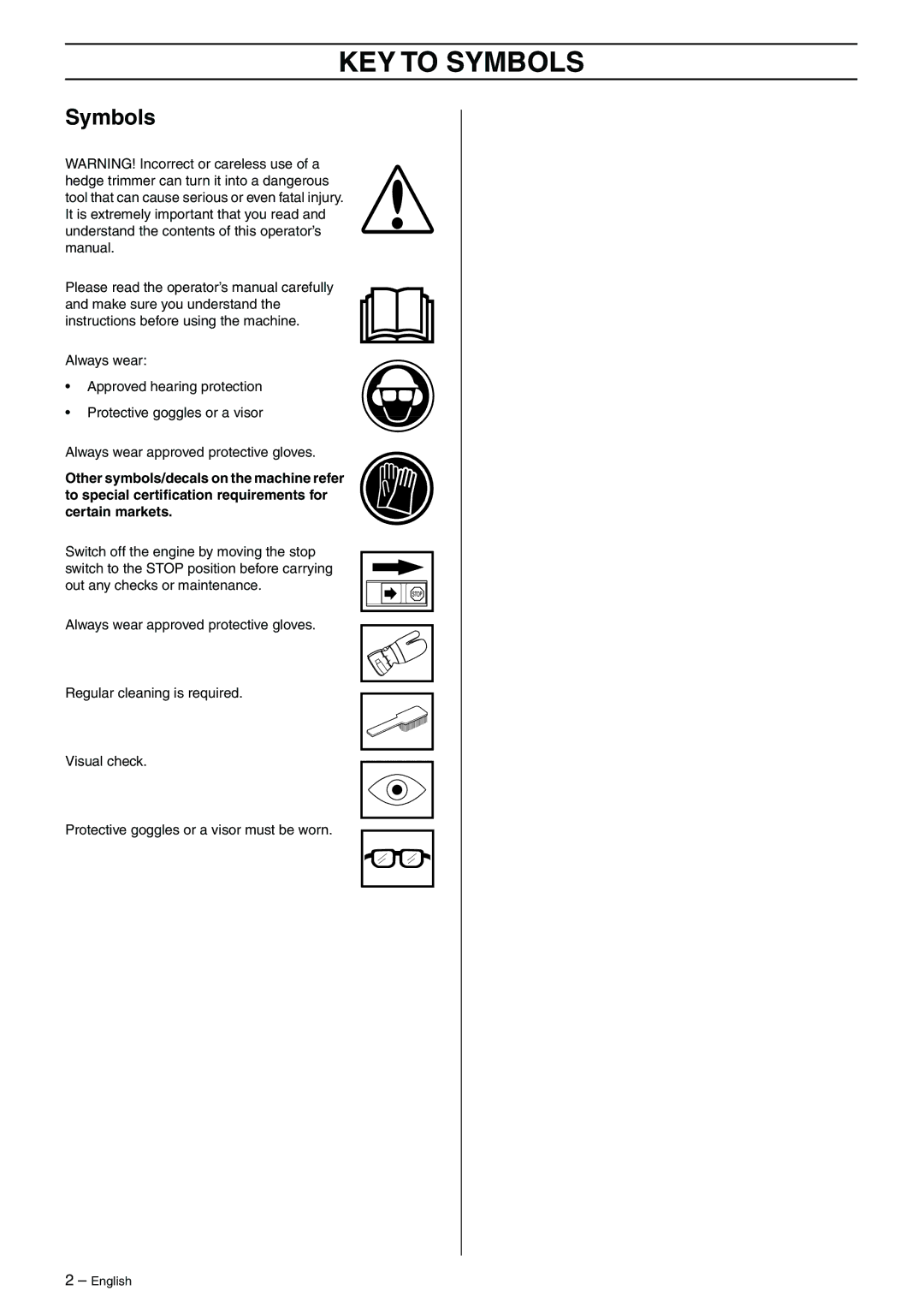 Husqvarna 325HD60, 325HD60X-Series, 325HD75X-Series manual KEY to Symbols 