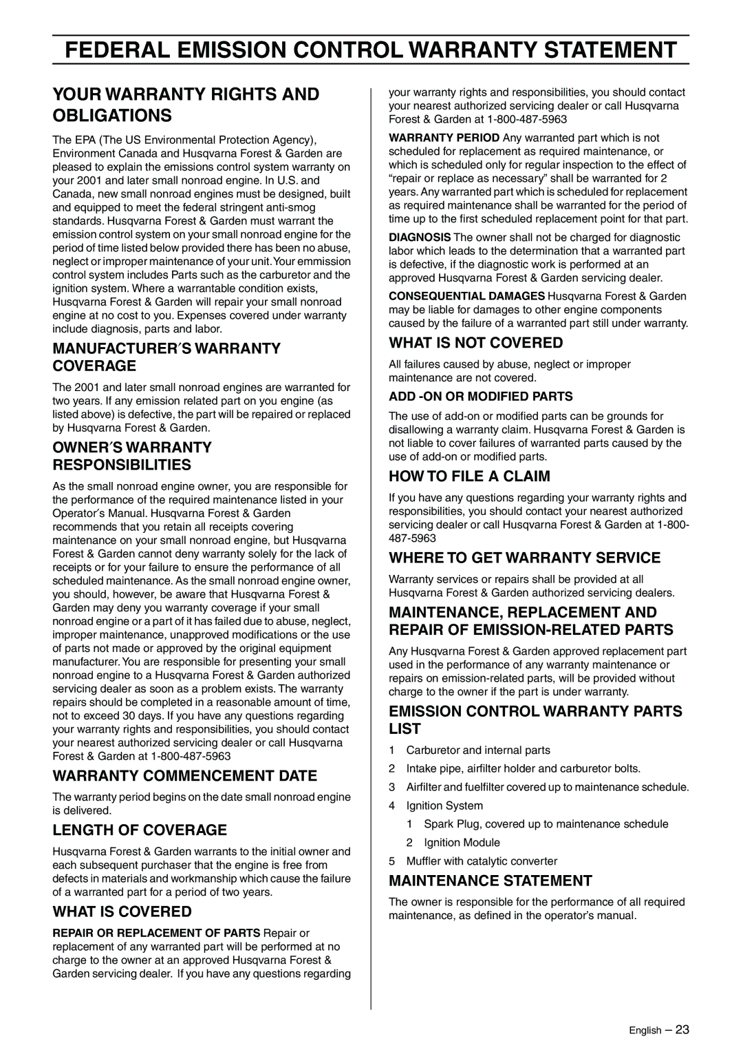 Husqvarna 325HD60, 325HD60X-Series, 325HD75X-Series manual Federal Emission Control Warranty Statement 