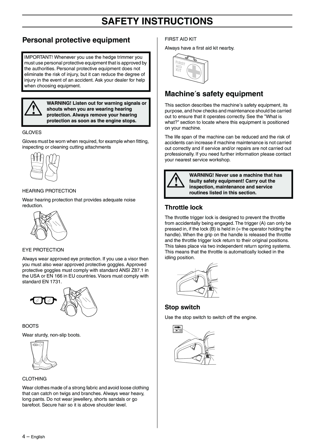 Husqvarna 325HD60, 325HD60X-Series, 325HD75X-Series Safety Instructions, Personal protective equipment, Throttle lock 