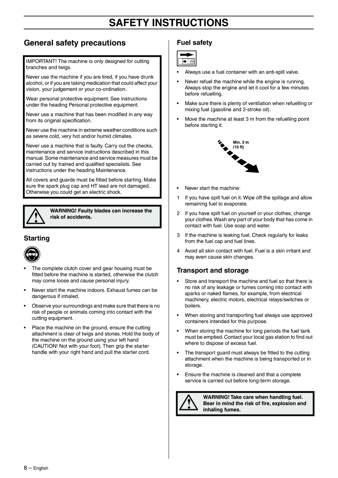 Husqvarna 325HD60, 325HD60X-Series, 325HD75X-Series manual General safety precautions, Starting, Fuel safety 