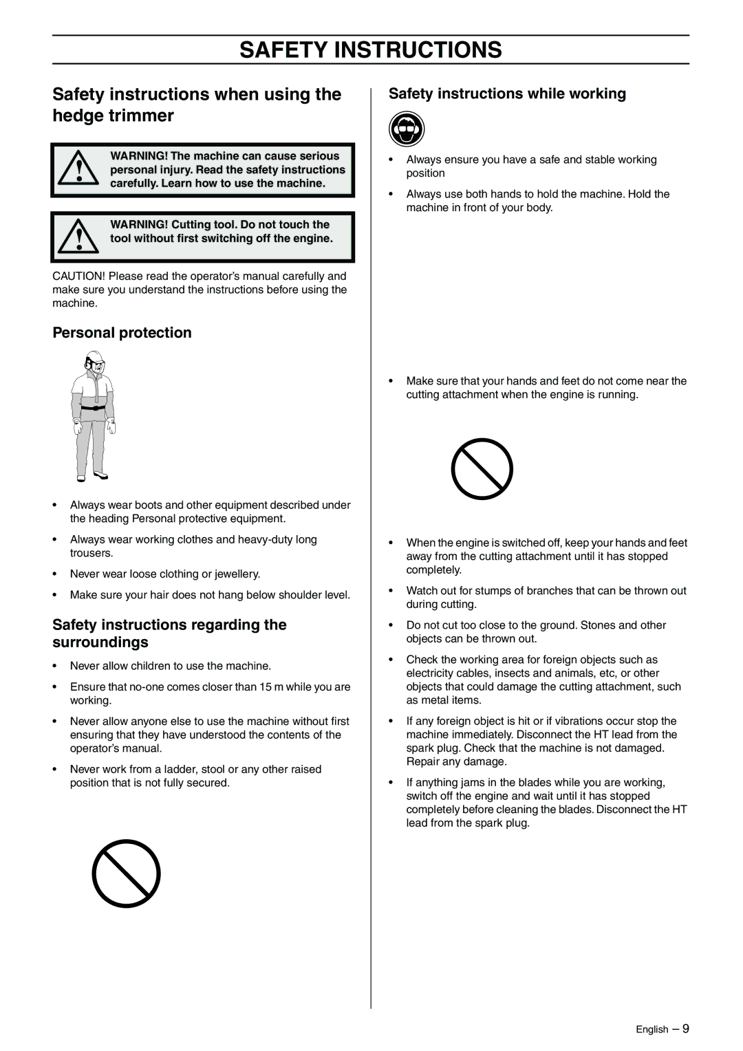 Husqvarna 325HD60, 325HD60X-Series, 325HD75X-Series Safety instructions when using the hedge trimmer, Personal protection 