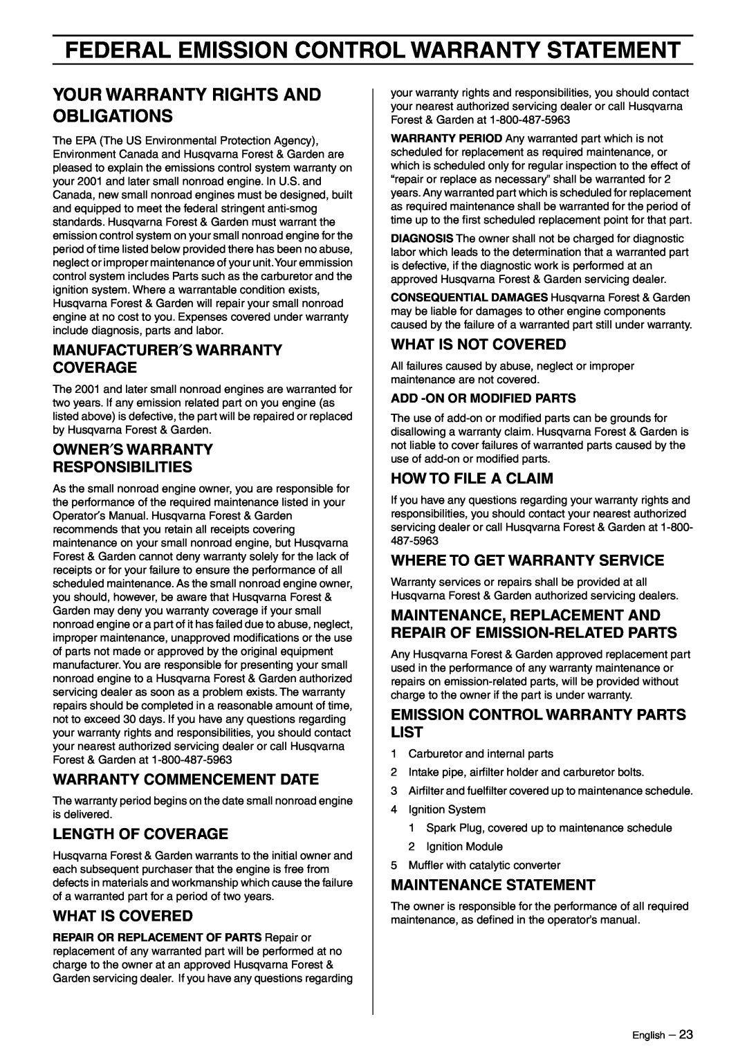 Husqvarna 325HD60, 325HD60X-Series, 325HD75X-Series manual Federal Emission Control Warranty Statement 