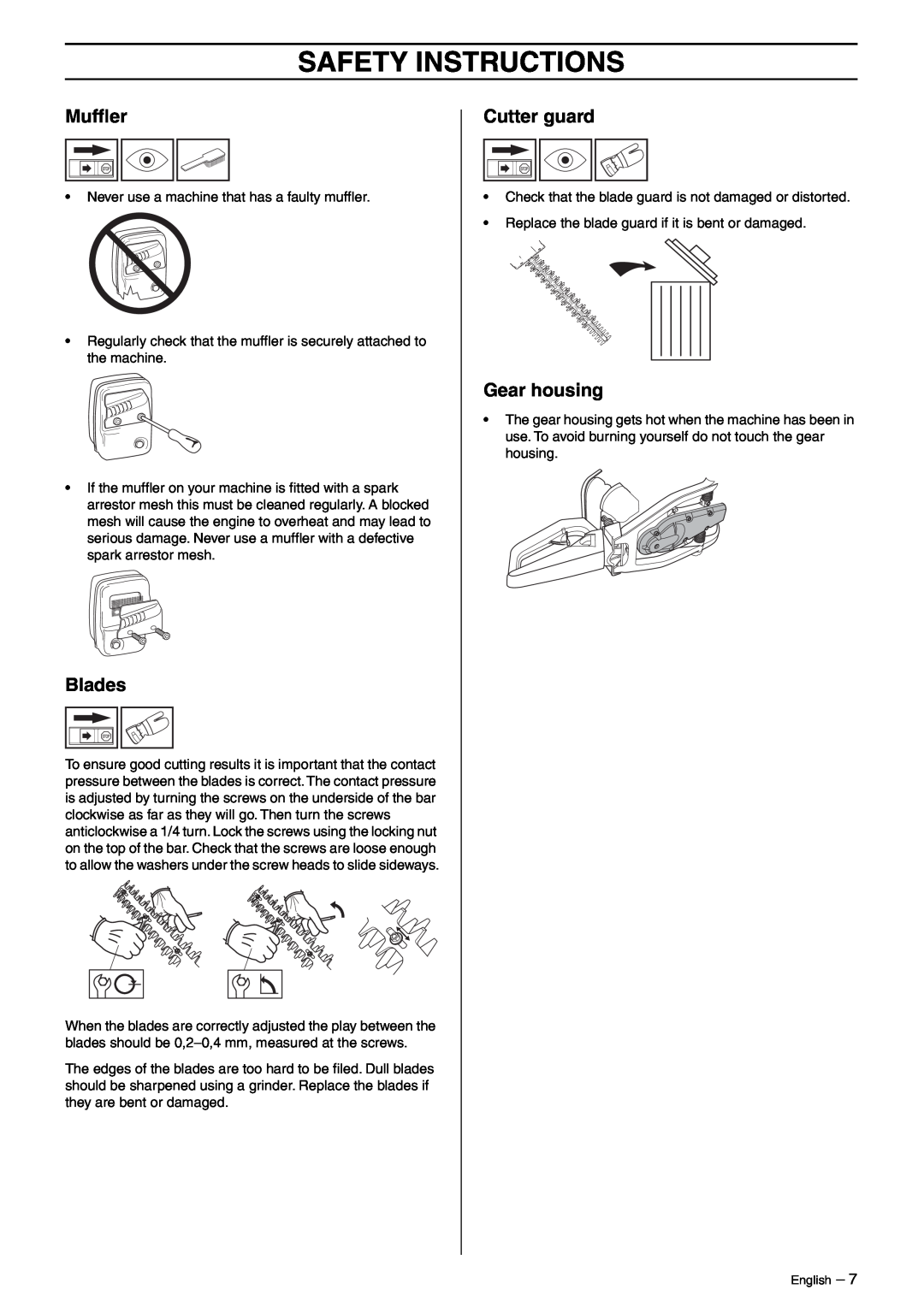 Husqvarna 325HD60, 325HD60X-Series, 325HD75X-Series Safety Instructions, Never use a machine that has a faulty mufﬂer 