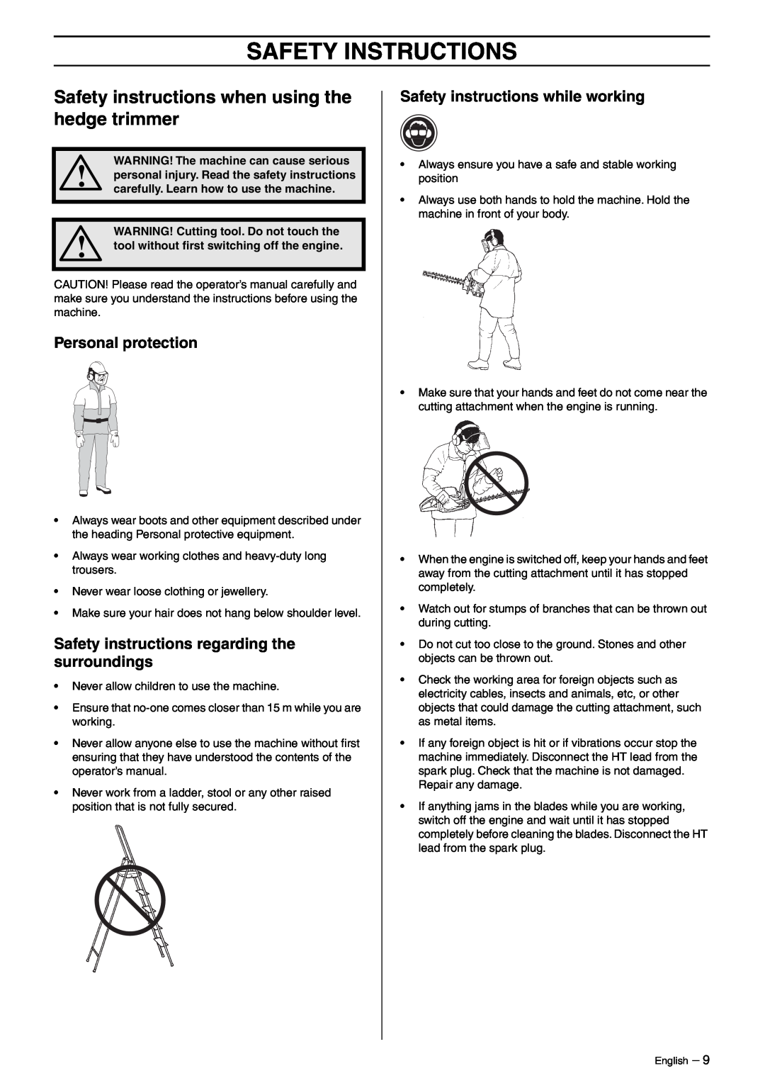 Husqvarna 325HD60, 325HD60X-Series, 325HD75X-Series Safety instructions when using the hedge trimmer, Safety Instructions 