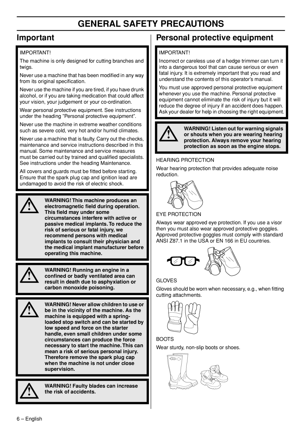 Husqvarna 325HD60X, 325HD75X, 323HD60 manual General Safety Precautions, Personal protective equipment 