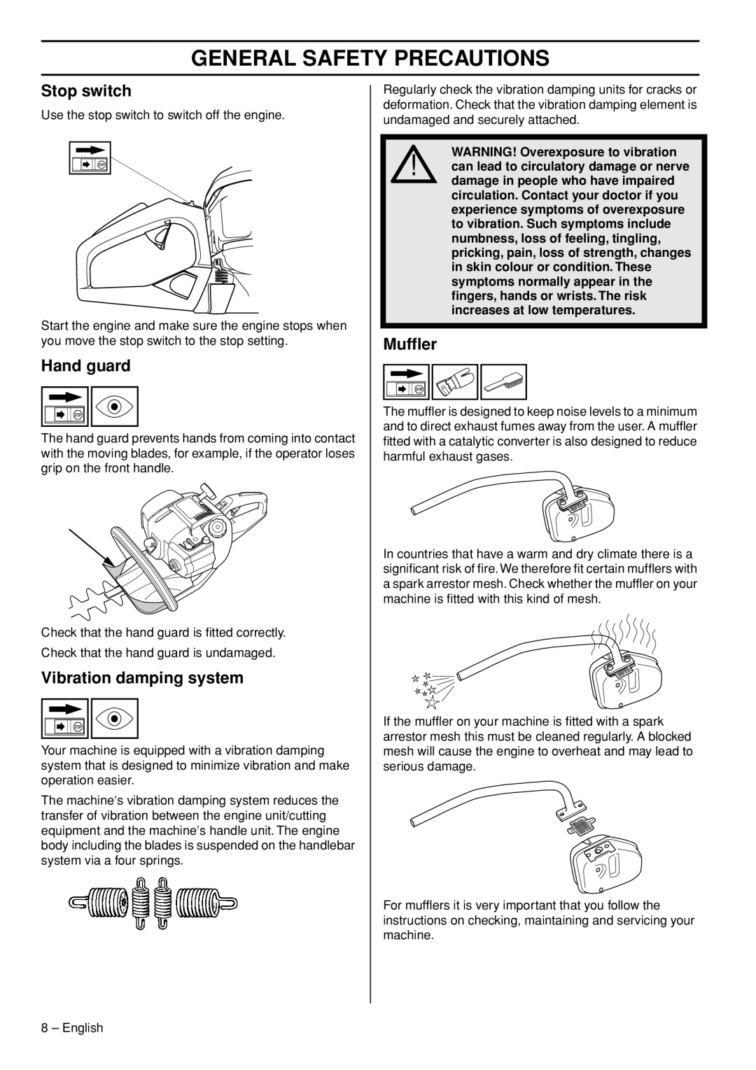 Husqvarna 323HD60, 325HD60X, 325HD75X manual Stop switch, Hand guard, Vibration damping system, Mufﬂer 