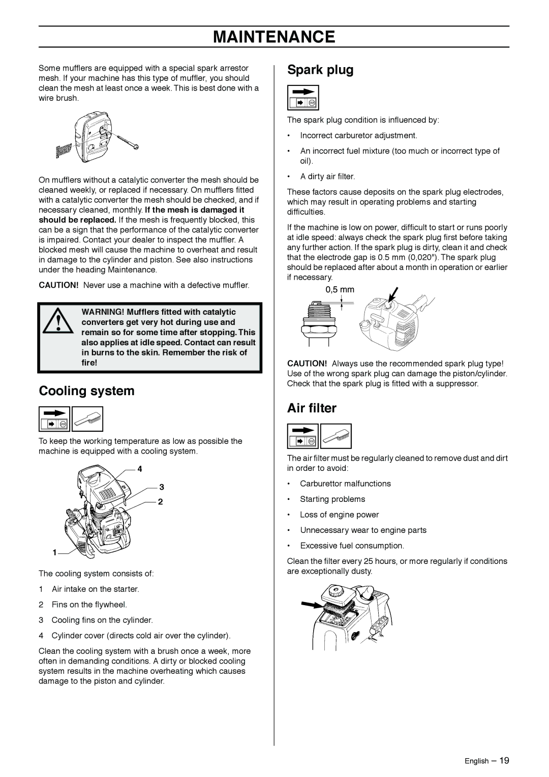 Husqvarna 323HE3, 325HDA55 manual Cooling system, Spark plug, Air ﬁlter 