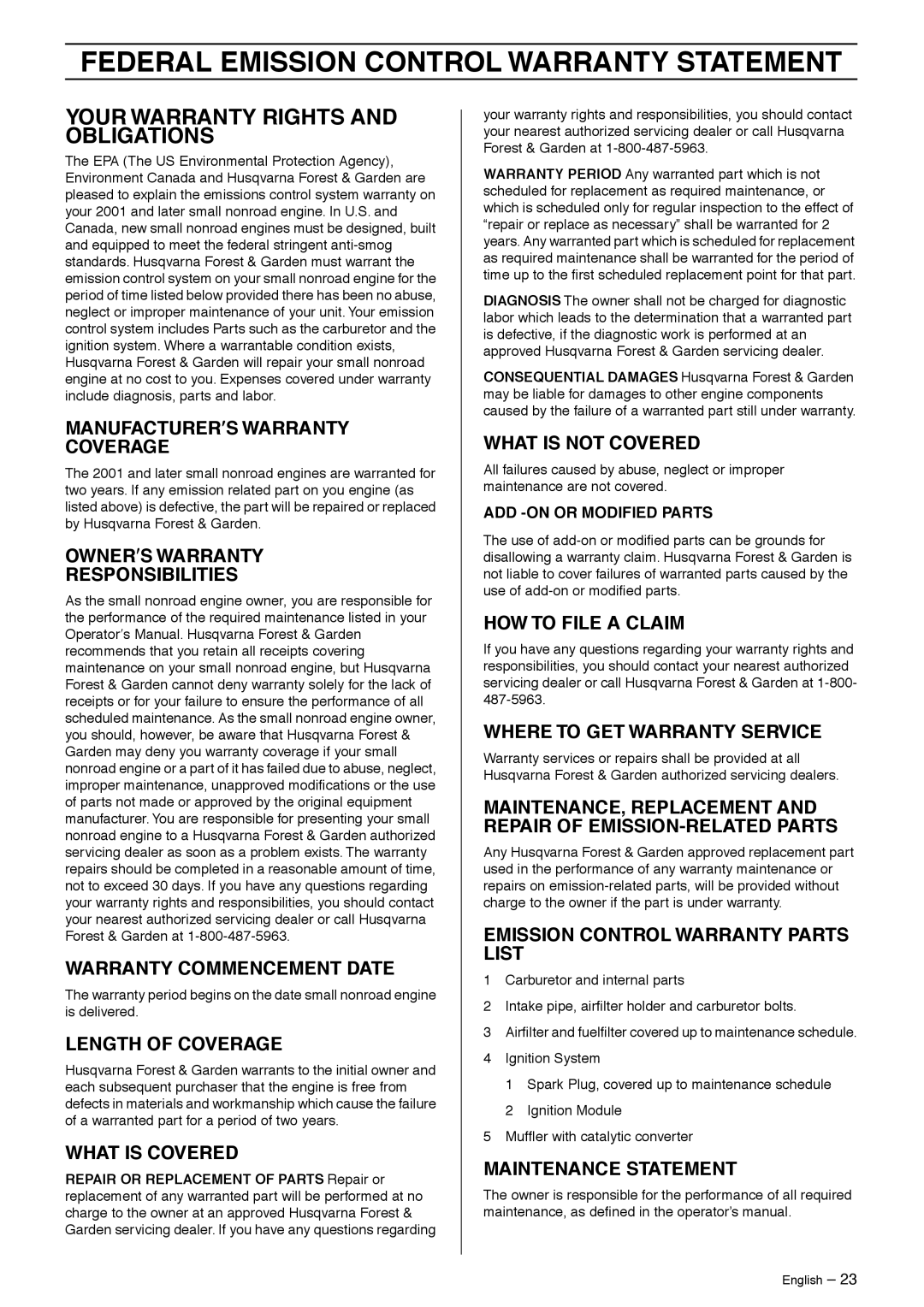 Husqvarna 323HE3, 325HDA55 manual Federal Emission Control Warranty Statement, Your Warranty Rights and Obligations 