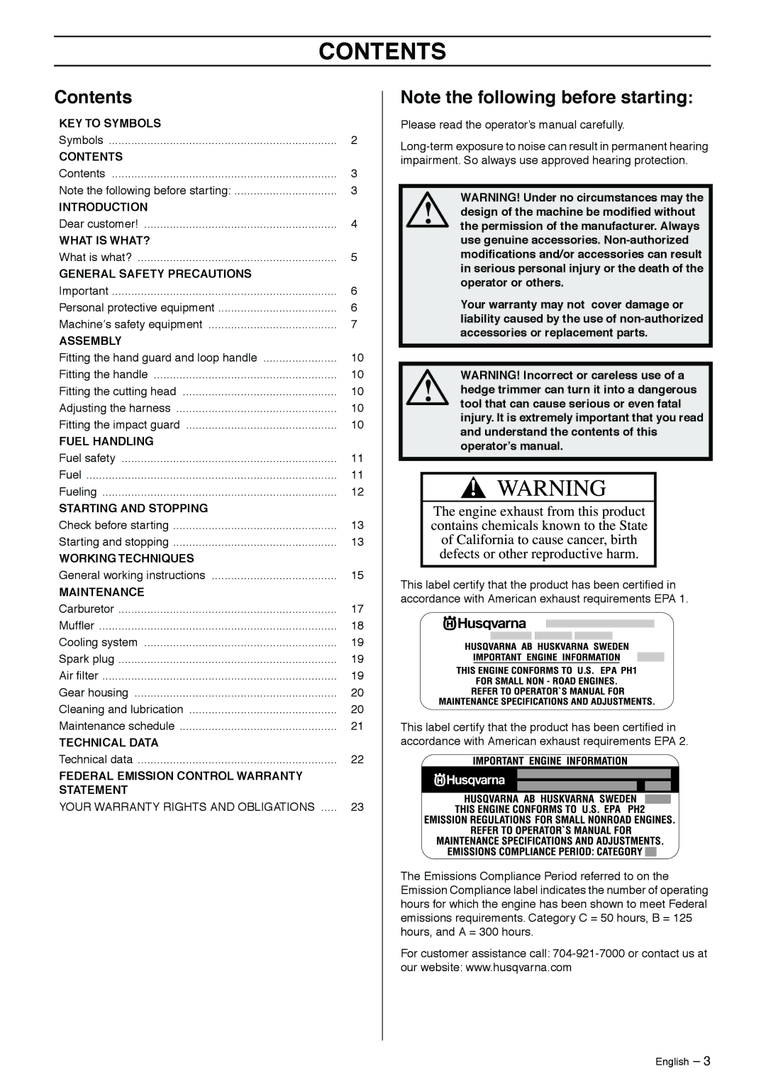 Husqvarna 323HE3, 325HDA55 manual Contents 