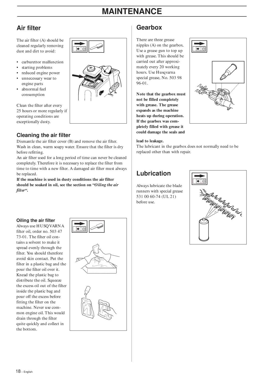 Husqvarna 325HDA55X-Series, 325HE3X-Series, 325HE4X-Series, 323HE3 manual Air filter, Gearbox, Lubrication 