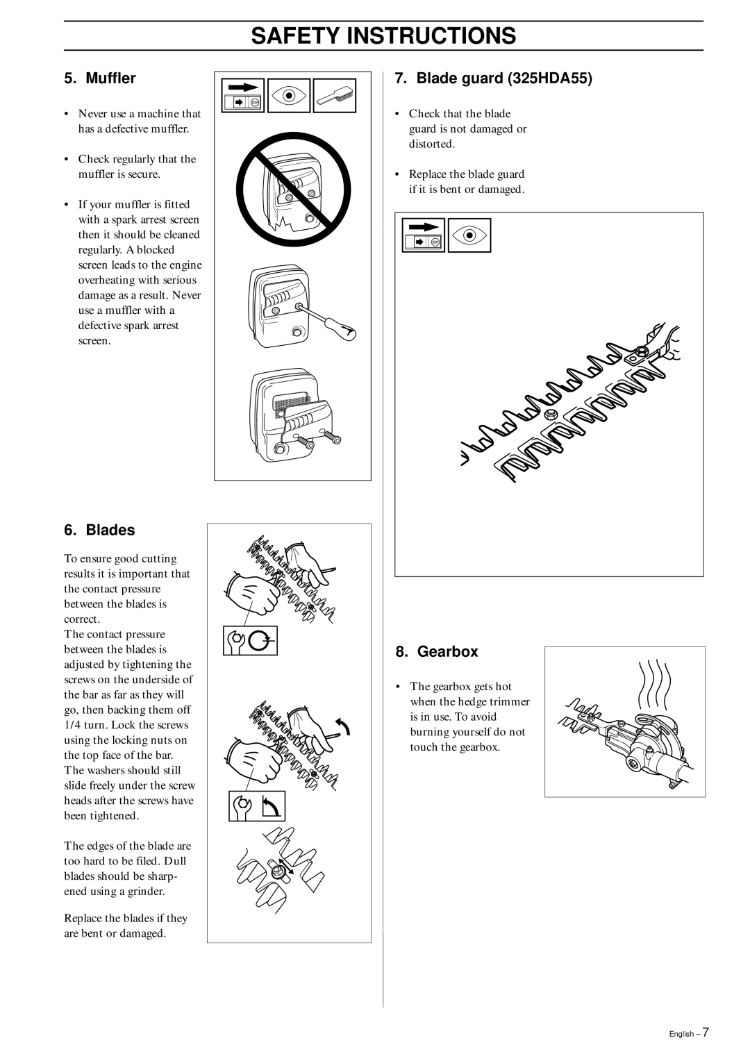 Husqvarna 325HDA55X-Series, 325HE3X-Series, 325HE4X-Series, 323HE3 manual Blades, Blade guard 325HDA55, Gearbox 