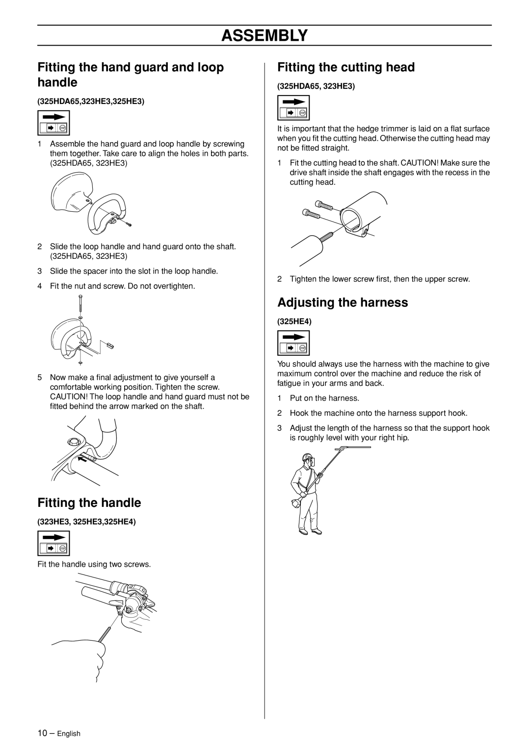 Husqvarna 325HDA65X-Series, 323HE3, 325HE3X-Series, 325HE4X-Series manual Assembly, Fitting the hand guard and loop handle 