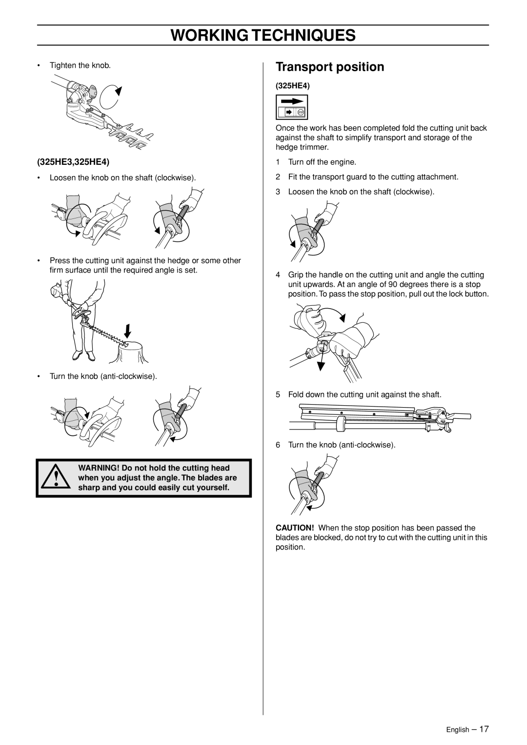 Husqvarna 325HDA65X-Series, 323HE3, 325HE3X-Series, 325HE4X-Series manual Transport position, 325HE3,325HE4 