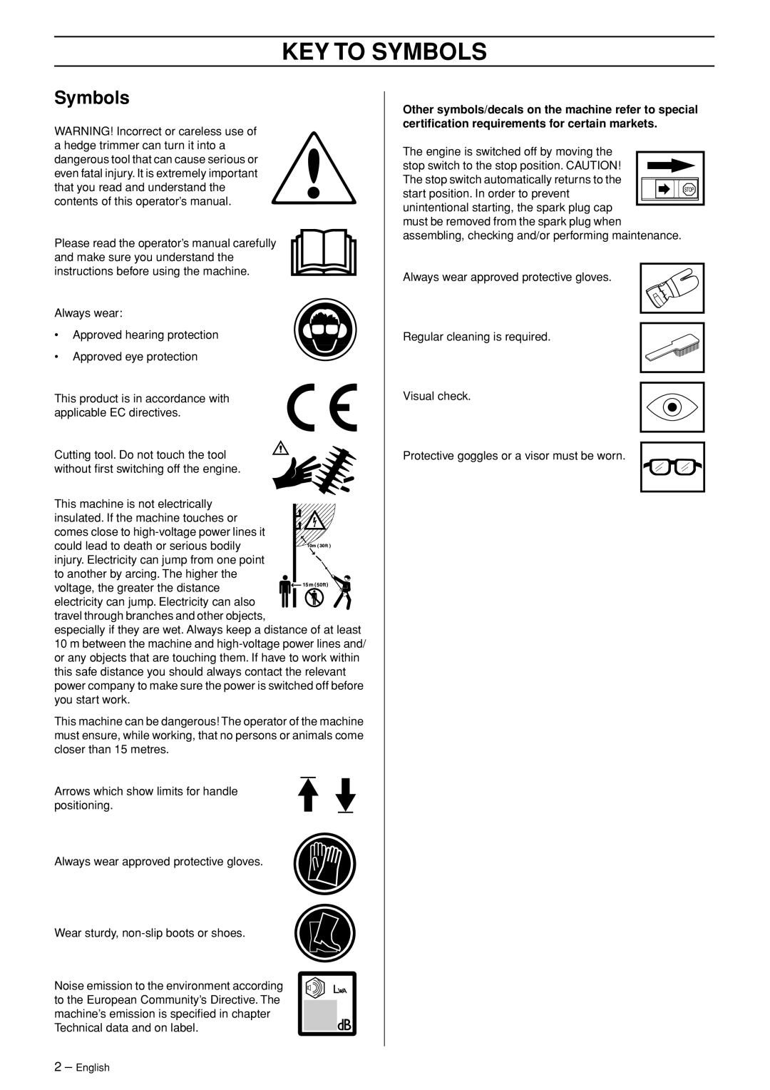 Husqvarna 325HDA65X-Series, 323HE3, 325HE3X-Series, 325HE4X-Series manual KEY to Symbols 