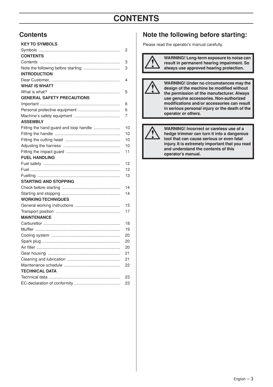 Husqvarna 325HDA65X-Series, 323HE3, 325HE3X-Series, 325HE4X-Series manual Contents 