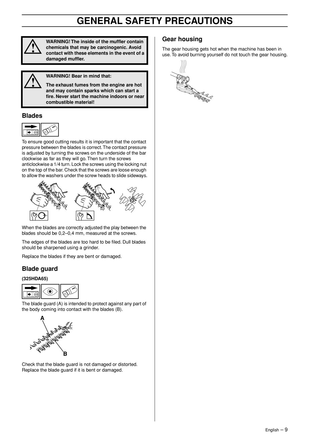 Husqvarna 325HDA65X-Series, 323HE3, 325HE3X-Series, 325HE4X-Series manual Blades, Blade guard, Gear housing 