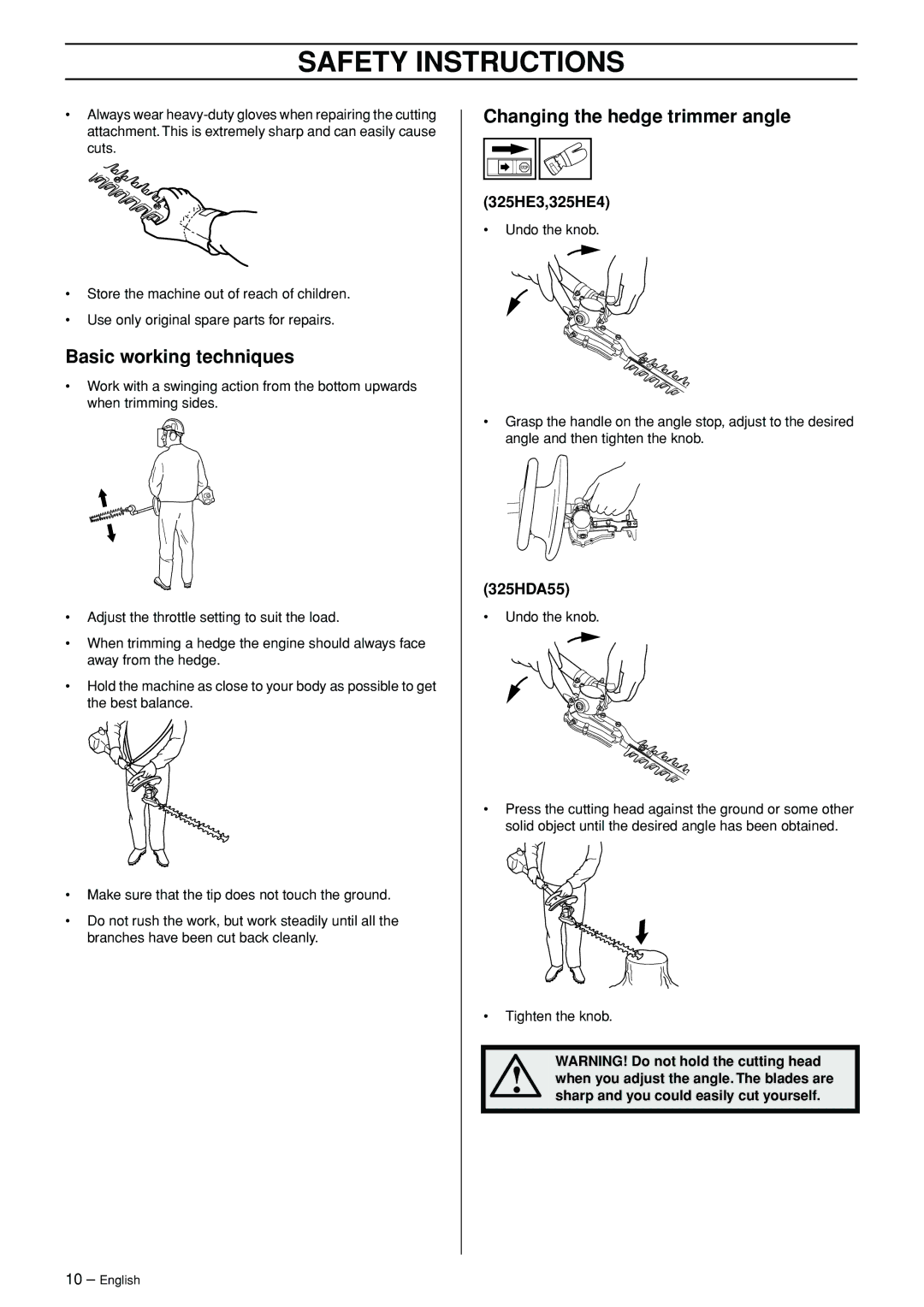 Husqvarna 325HE3 manual Basic working techniques, Changing the hedge trimmer angle 