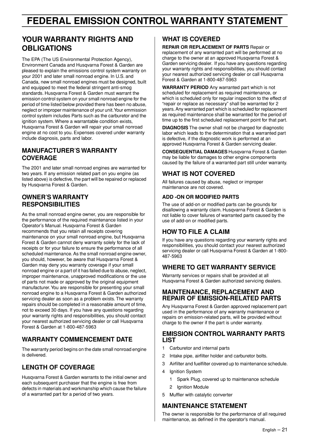 Husqvarna 325HE3 manual Federal Emission Control Warranty Statement, Your Warranty Rights and Obligations 