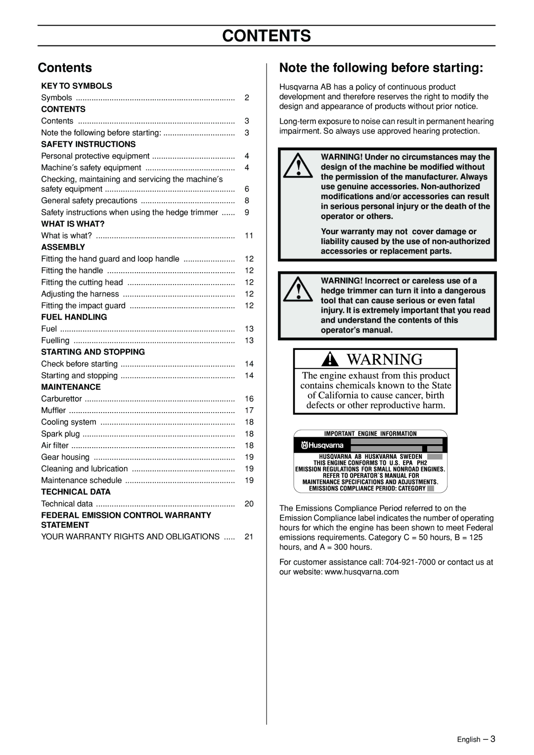 Husqvarna 325HE3 manual Contents 