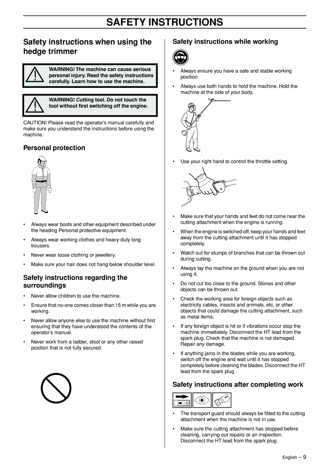 Husqvarna 325HE3 Safety instructions when using the hedge trimmer, Personal protection, Safety instructions while working 