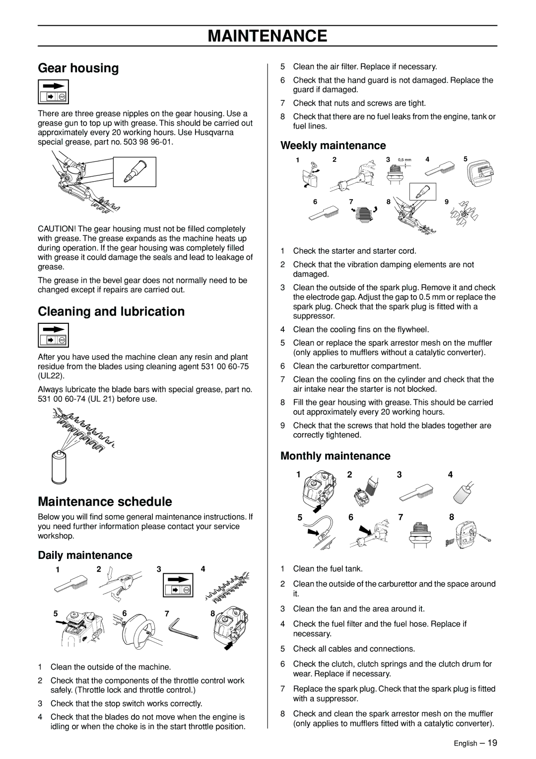 Husqvarna 325HDA55X, 325HE4X, 325HE3X manual Gear housing, Cleaning and lubrication, Maintenance schedule 