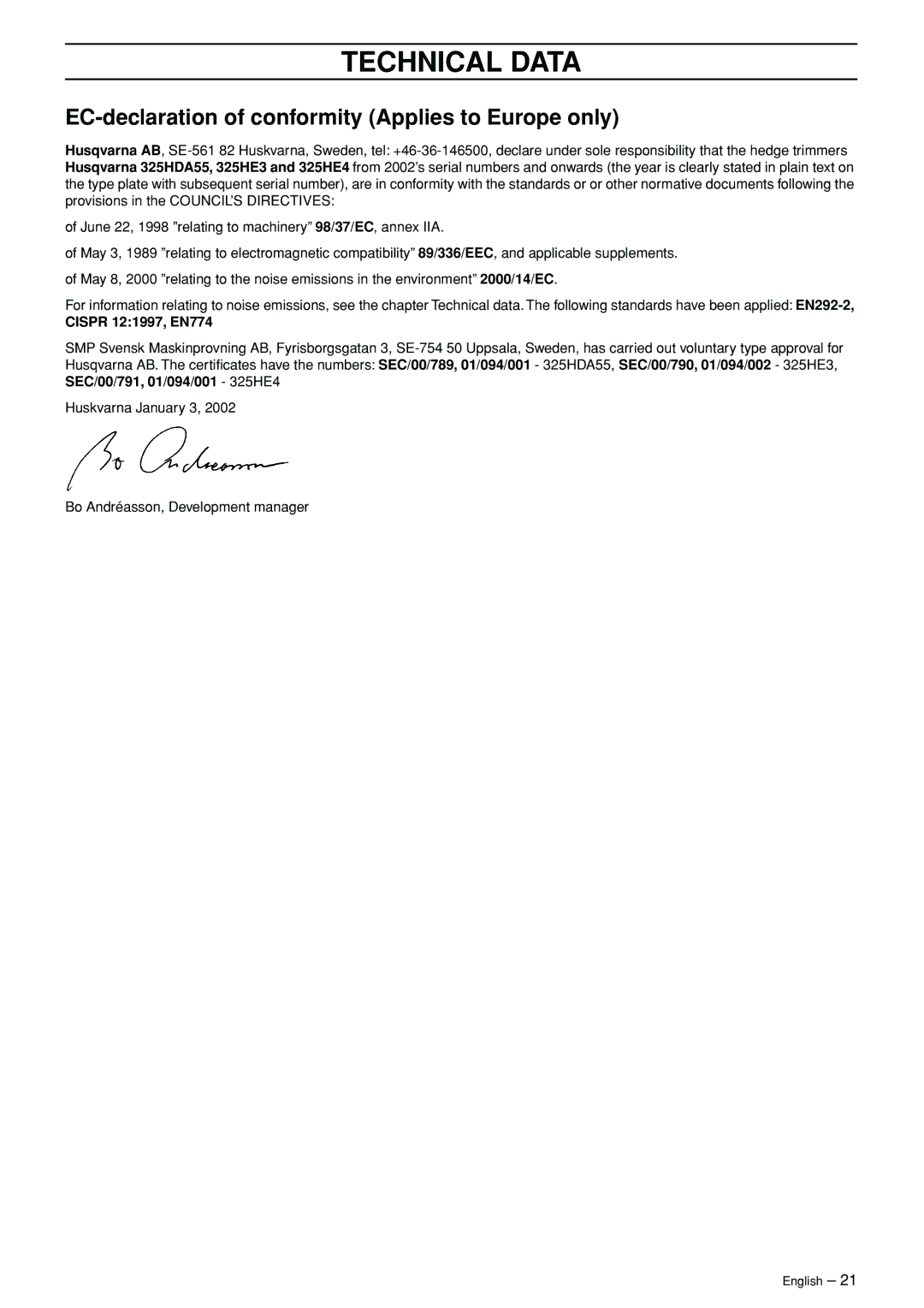 Husqvarna 325HE4X, 325HDA55X, 325HE3X manual EC-declaration of conformity Applies to Europe only, Cispr 121997, EN774 