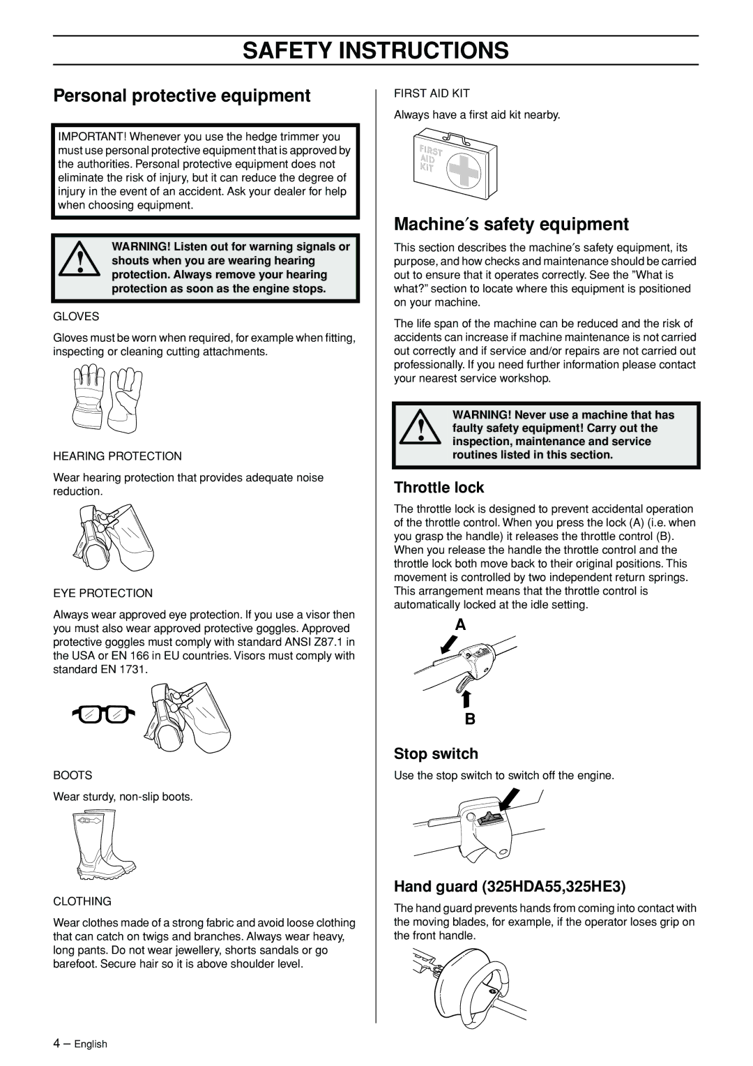 Husqvarna 325HDA55X, 325HE4X, 325HE3X manual Safety Instructions, Personal protective equipment, Machine′s safety equipment 