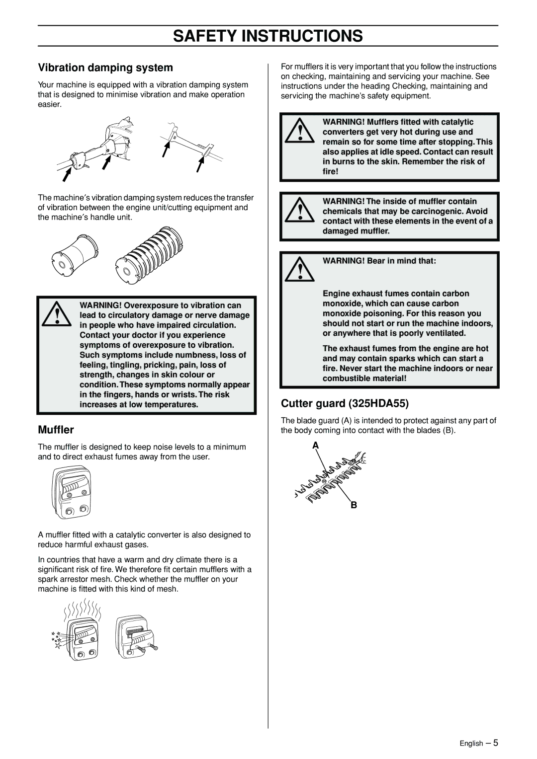 Husqvarna 325HE3X, 325HE4X, 325HDA55X manual Vibration damping system, Mufﬂer, Cutter guard 325HDA55 
