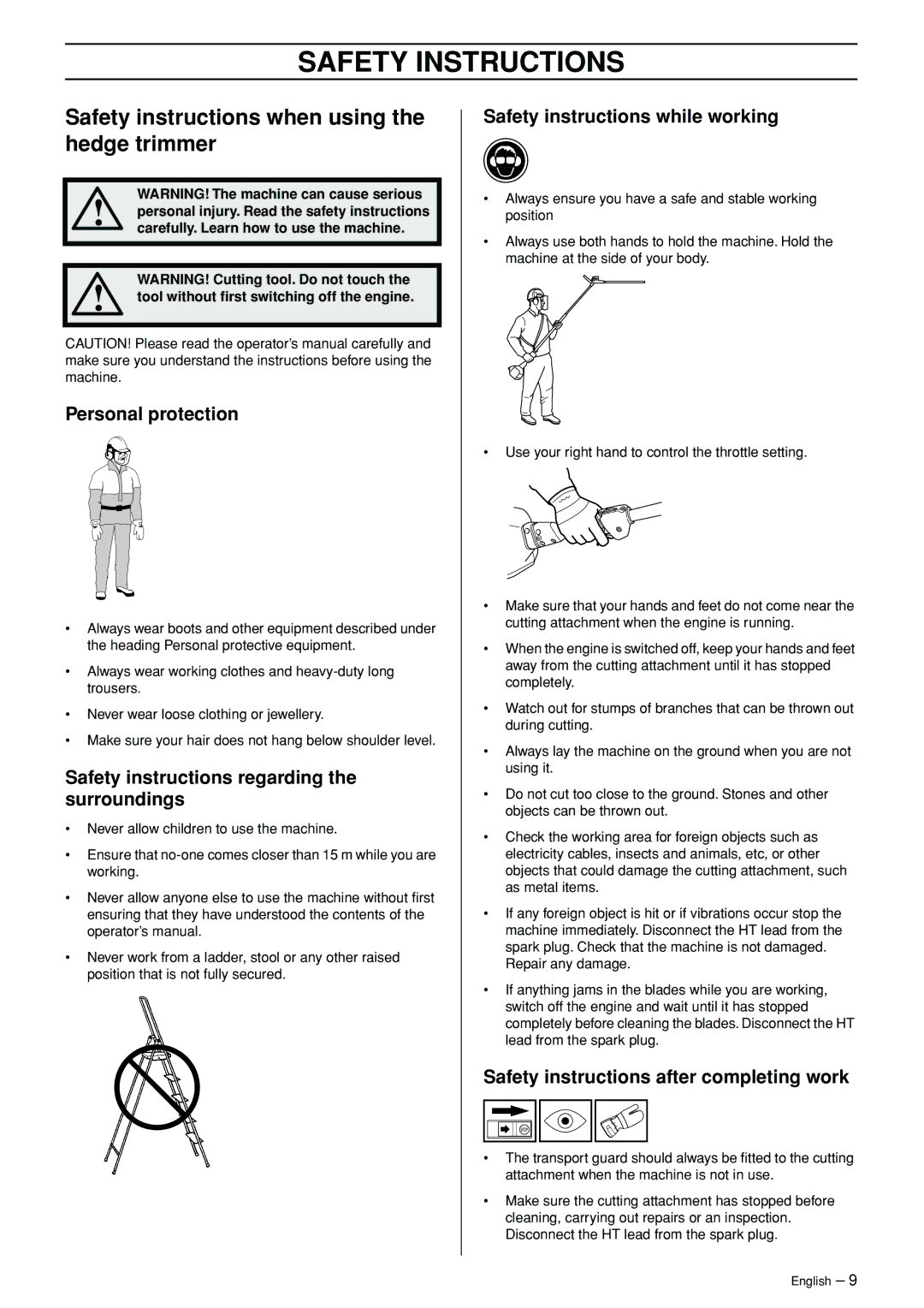 Husqvarna 325HE4X Safety instructions when using the hedge trimmer, Personal protection, Safety instructions while working 