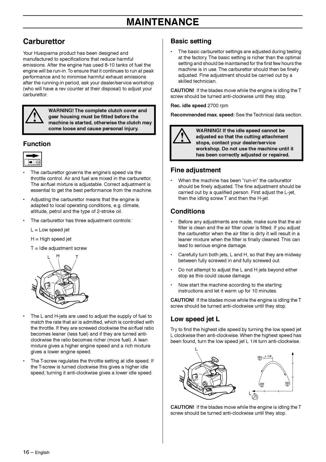 Husqvarna 325HS75X-Series manual Maintenance, Carburettor 