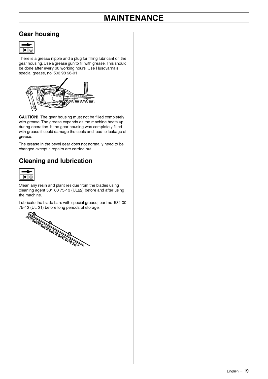 Husqvarna 325HS75X-Series manual Gear housing, Cleaning and lubrication 