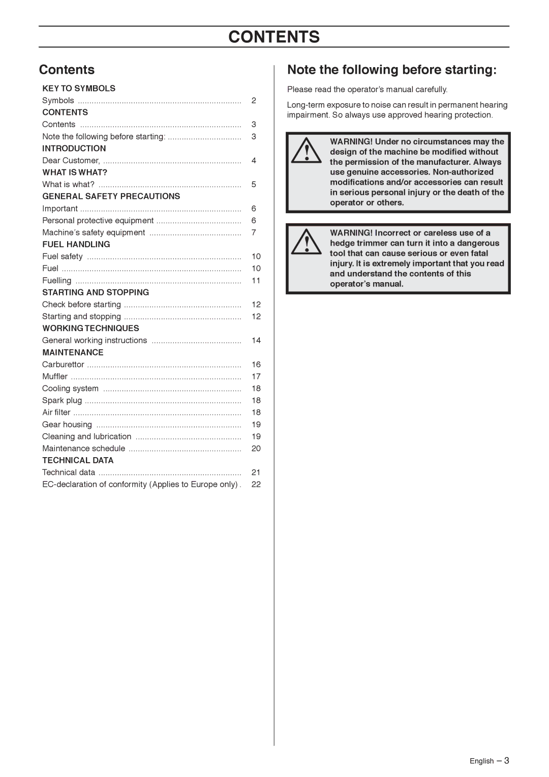 Husqvarna 325HS75X-Series manual Contents 