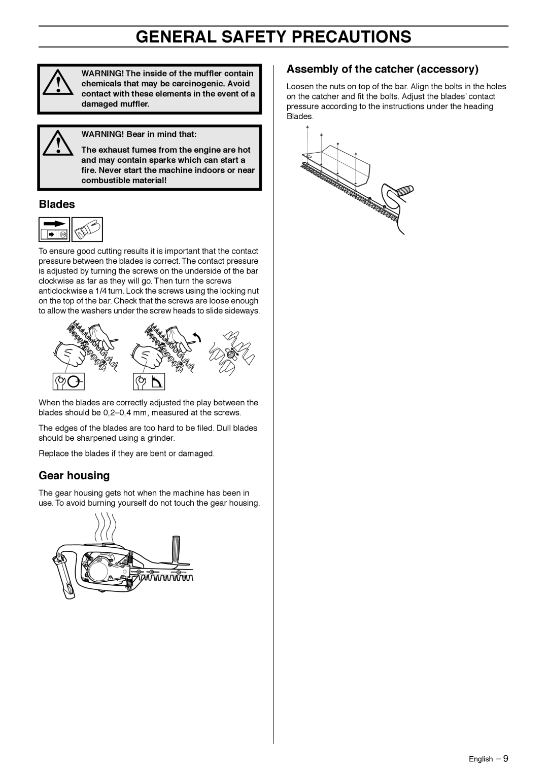 Husqvarna 325HS75X-Series manual Blades, Gear housing, Assembly of the catcher accessory 