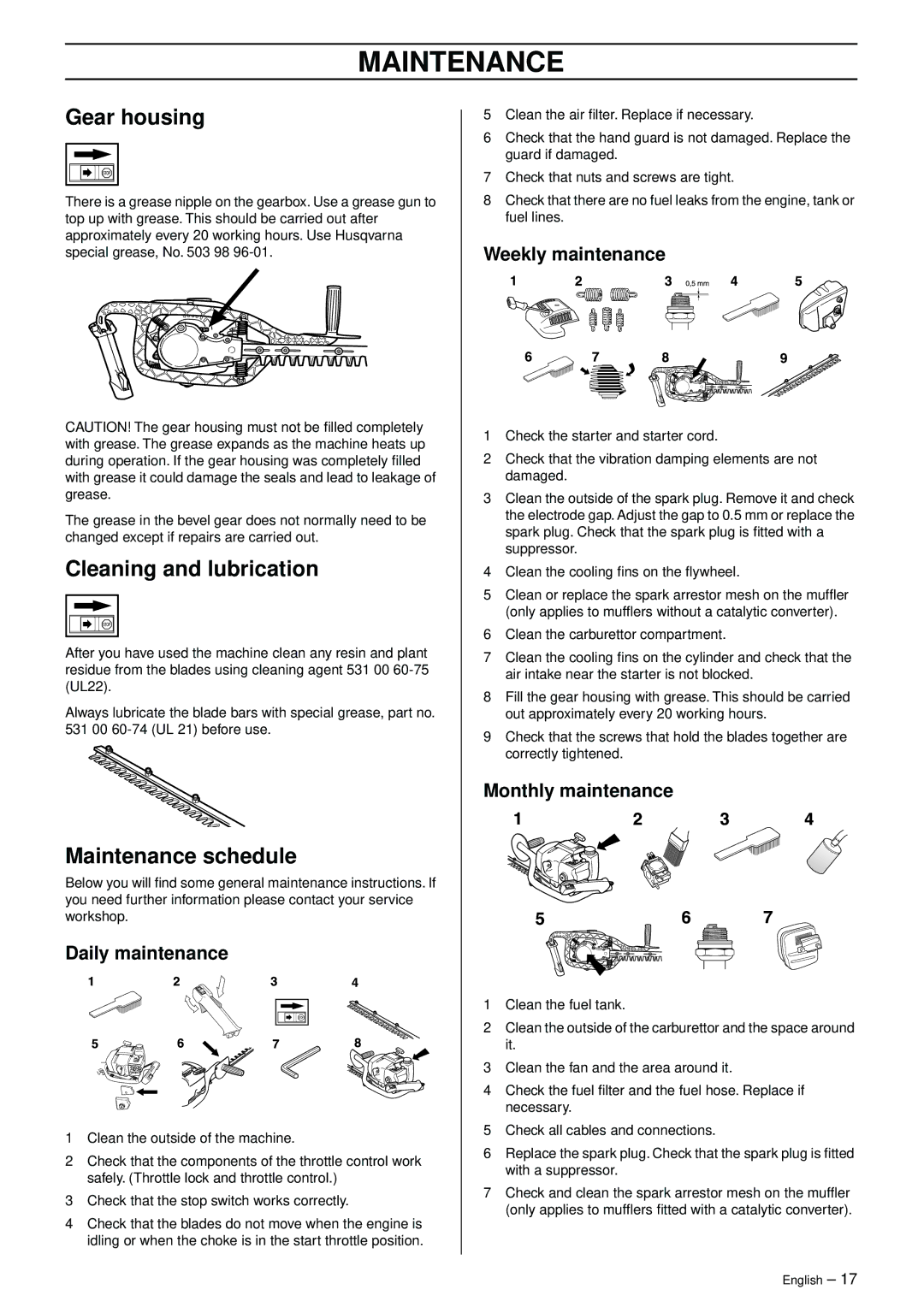 Husqvarna 325HS75X, 325HS99X manual Gear housing, Cleaning and lubrication, Maintenance schedule 