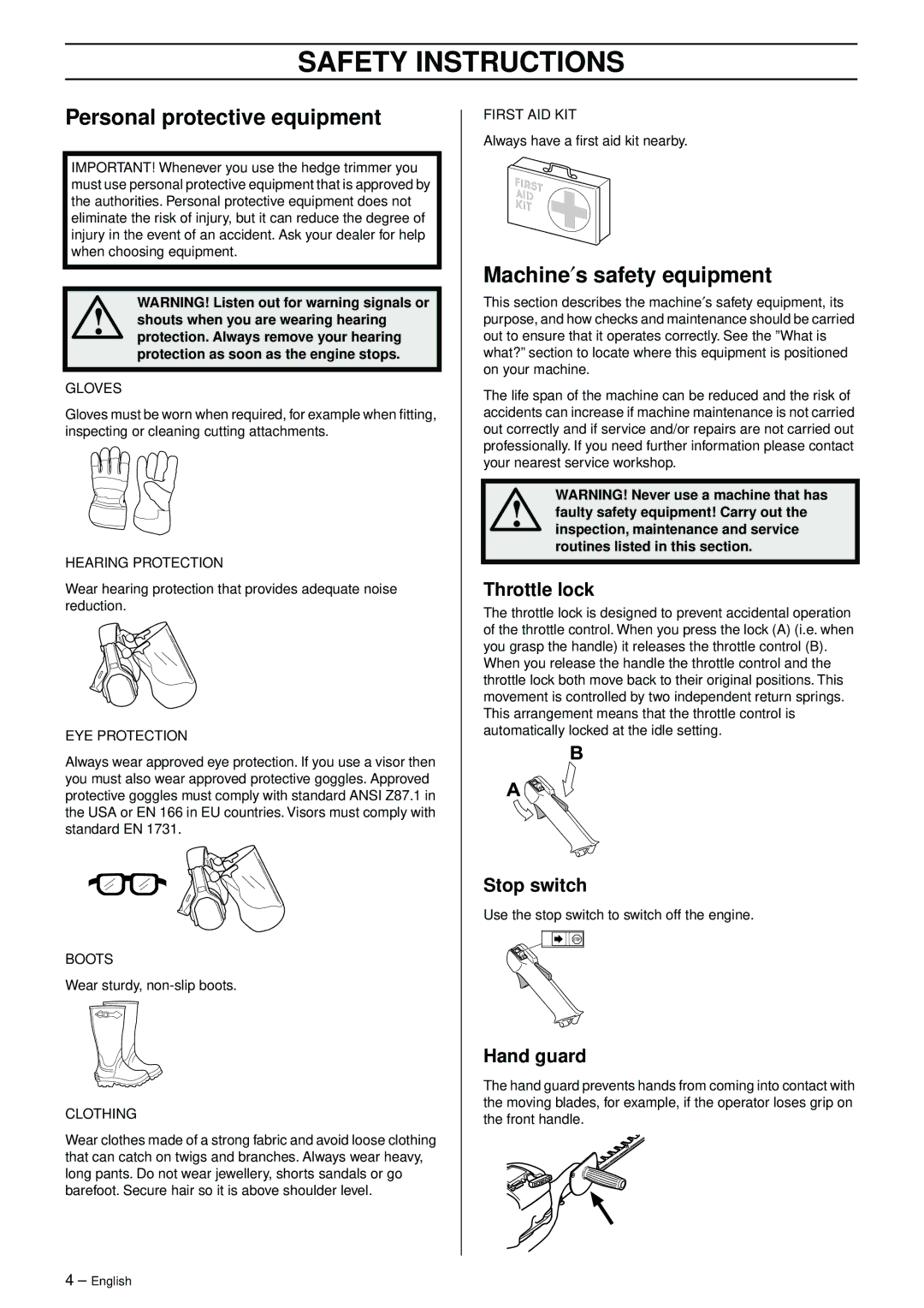 Husqvarna 325HS99X, 325HS75X manual Safety Instructions, Personal protective equipment, Machine′s safety equipment 