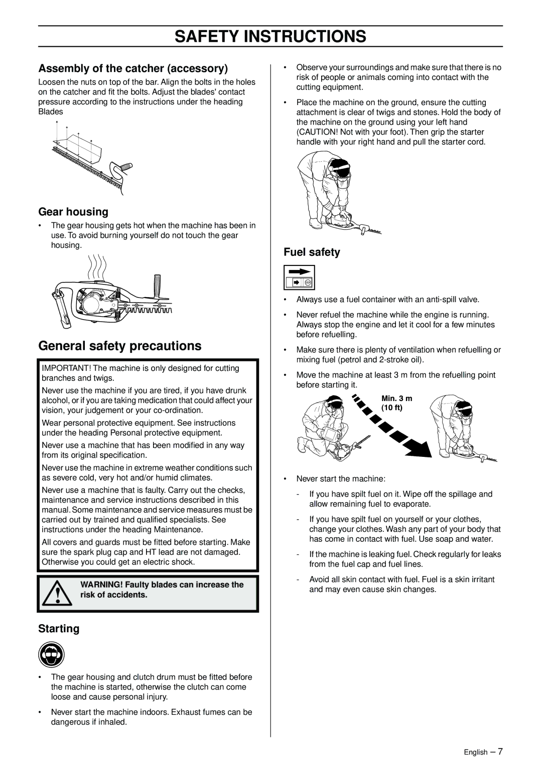 Husqvarna 325HS75X General safety precautions, Assembly of the catcher accessory, Gear housing, Starting, Fuel safety 