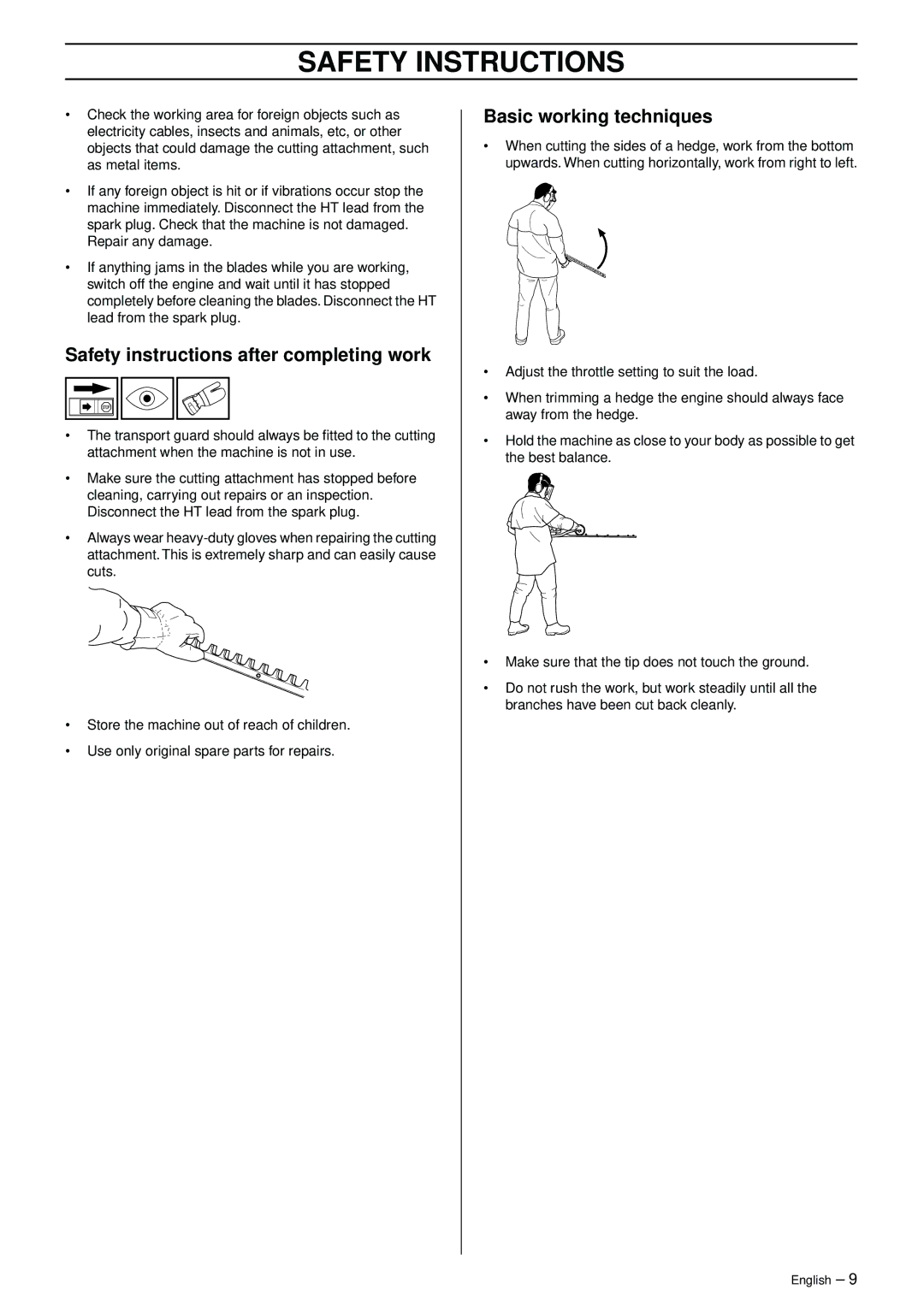 Husqvarna 325HS75X, 325HS99X manual Safety instructions after completing work, Basic working techniques 