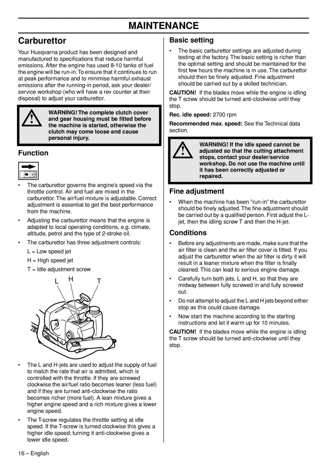 Husqvarna 325HS99X-series manual Maintenance, Carburettor 