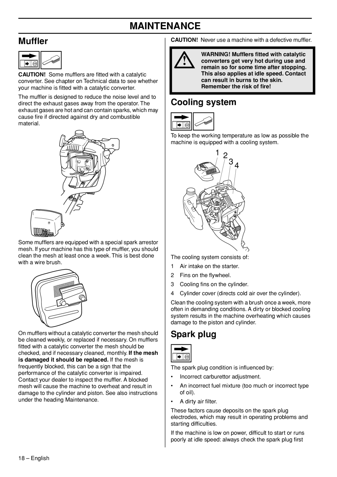 Husqvarna 325HS99X-series manual Mufﬂer, Cooling system, Spark plug 