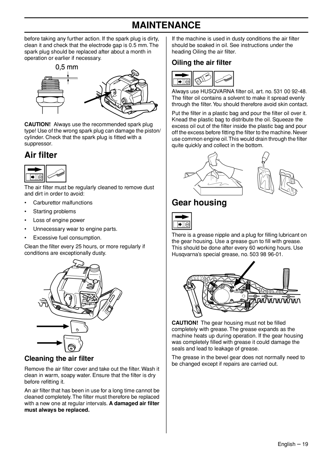 Husqvarna 325HS99X-series manual Air ﬁlter, Gear housing, Cleaning the air ﬁlter, Oiling the air ﬁlter 