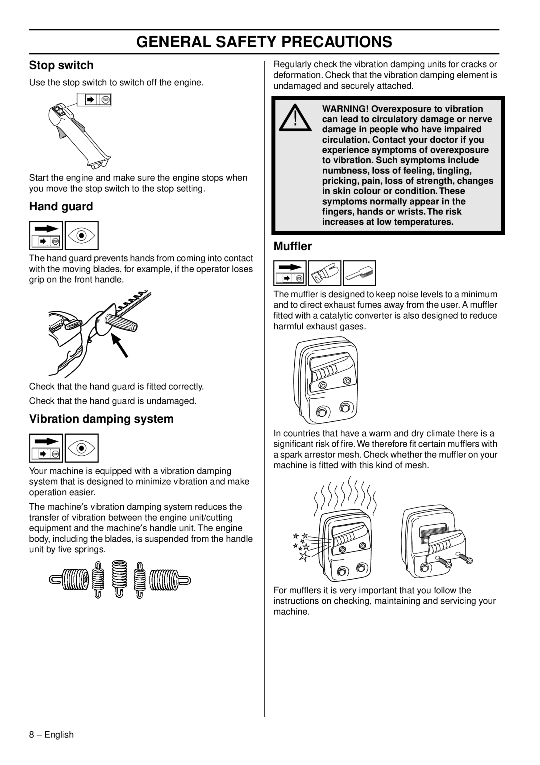 Husqvarna 325HS99X-series manual Stop switch, Hand guard, Vibration damping system, Mufﬂer 