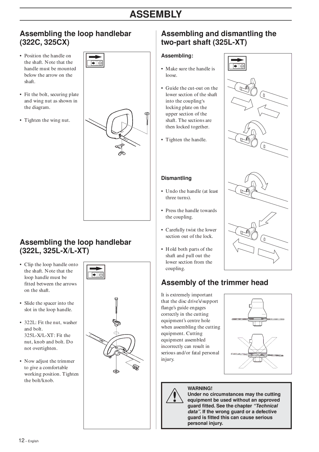 Husqvarna manual Assembly, Assembling the loop handlebar 322C, 325CX, Assembling the loop handlebar 322L, 325L-X/L-XT 